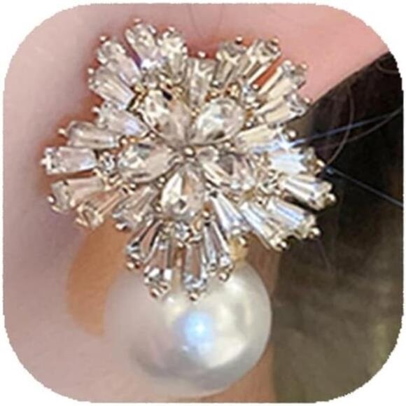 Gold Pearl & Rhinestone Drop Earrings | Vintage Victorian Style - Picture 2 of 5